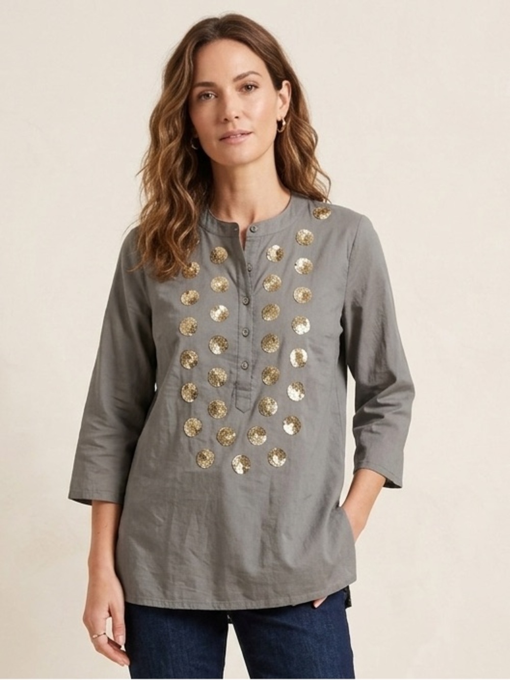 FIGUE x INDIA HICKS Jasmine Tunic Gold Sequin Evil Eye Top (T3)